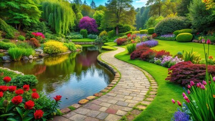 Obraz premium Serene landscape of a well-manicured garden with a winding stone path leading to a tranquil pond surrounded by lush greenery and vibrant flowers, beautiful gardens, serenity