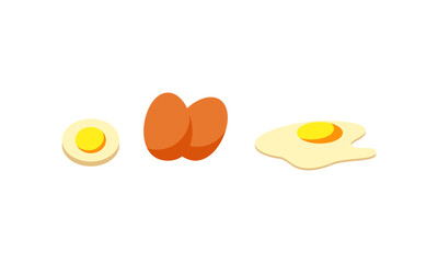 Egg sets in various forms raw, boiled and fried. Organic agricultural products. Ingredients for breakfast