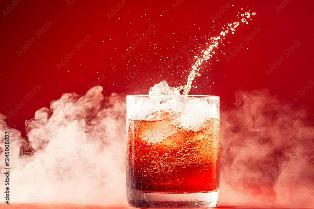 Aufkleber fizzy red drink splashes dynamically into glass with ice and smoky red background