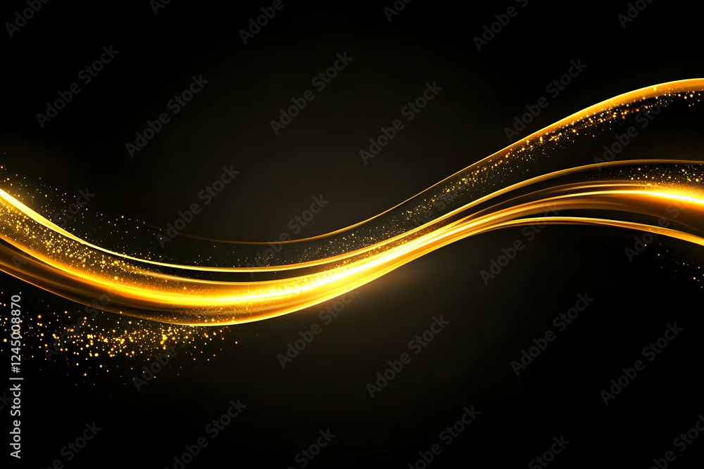 Poster abstract golden light waves flow on black background with sparkles and elegant motion