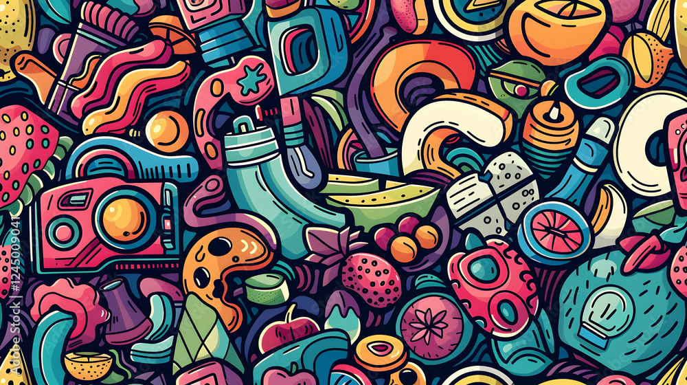 Poster colorful and playful illustration featuring various objects and fruits in a vibrant pattern