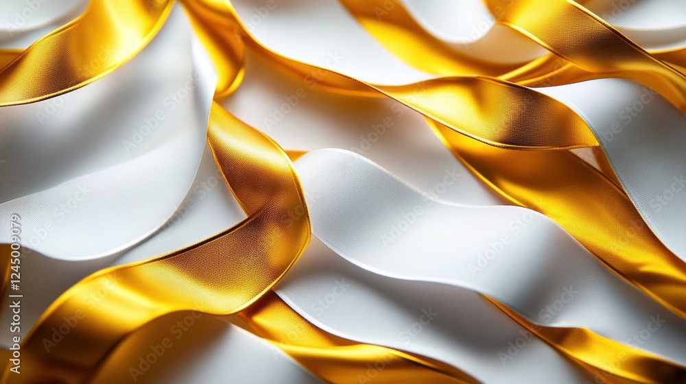 Poster a visually striking image featuring flowing golden and white ribbons, creating an elegant and dynami
