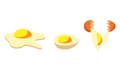 Egg sets in various forms raw, boiled and fried. Organic agricultural products. Ingredients for breakfast