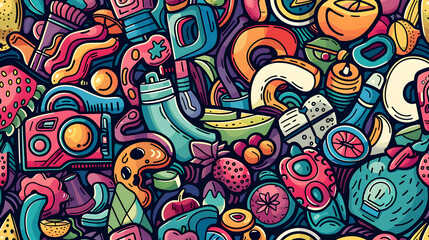 Colorful and playful illustration featuring various objects and fruits in a vibrant pattern