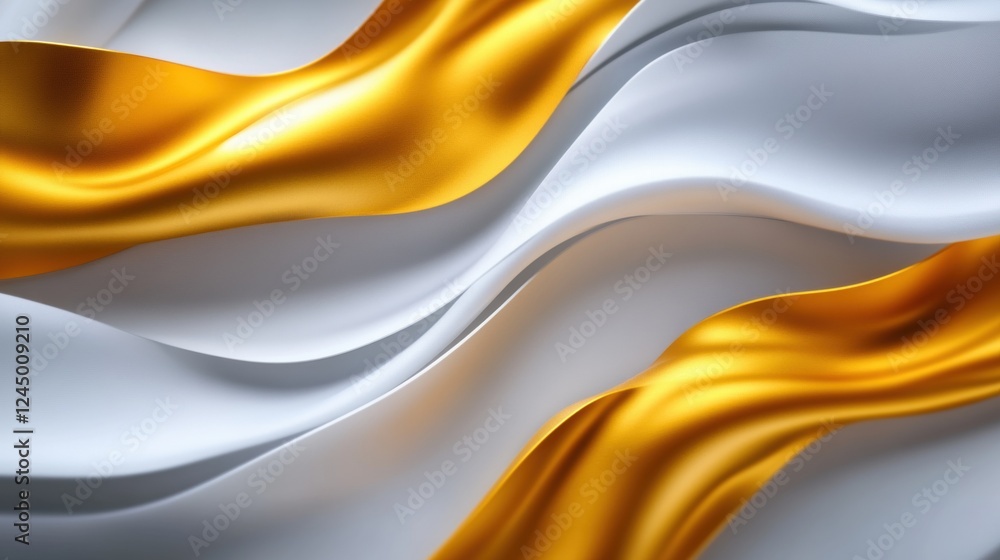 Poster a dynamic wave of golden and white fabric, creating a fluid and elegant visual texture with a luxuri