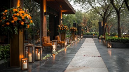 Obraz premium Elegant outdoor wedding venue decorated with flowers, candles, and soft lighting in a serene garden setting