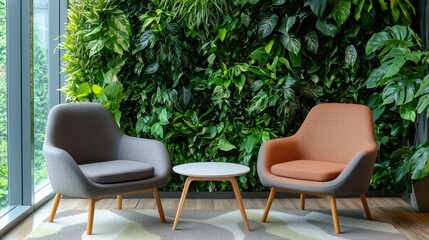 Modern Lounge Area with Chairs and Green Plant Wall Decor