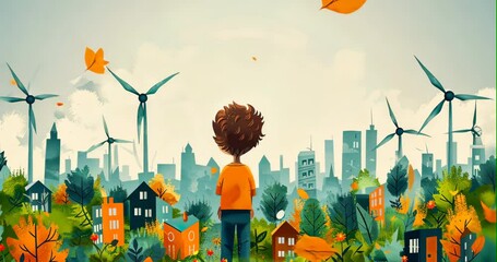 A child builds a wind turbine from scrap materials, inspiring their town in this flat design illustration - Powered by Adobe