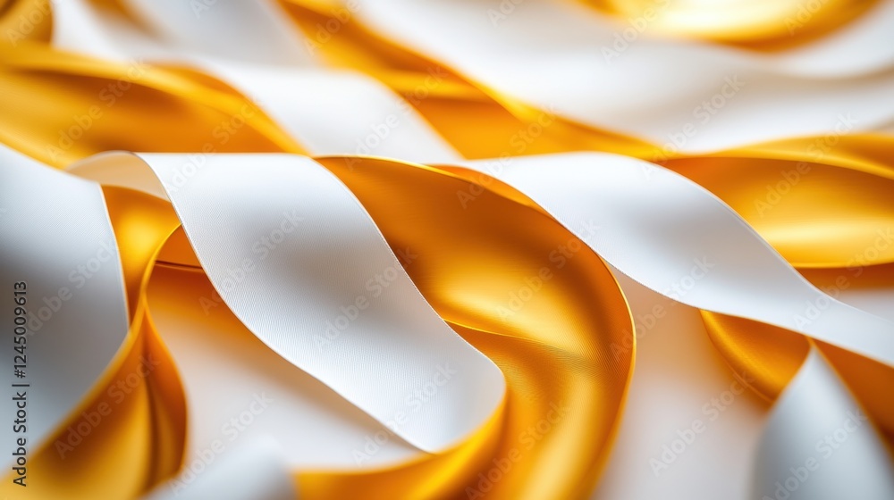 Poster a close-up of flowing fabric featuring smooth white and vibrant yellow ribbons, creating a dynamic a