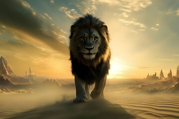 Majestic Lion Walks Through Desert Landscape at Golden Sunset with Ancient Ruins