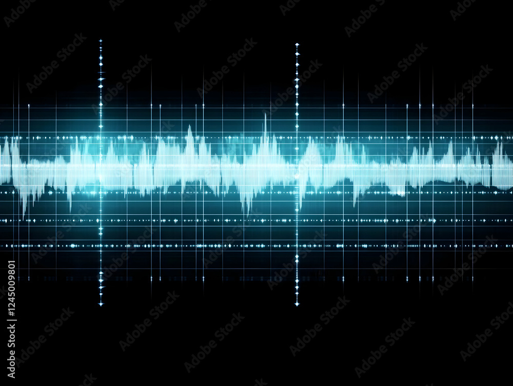 Poster abstract soundwave on grid vibrates with energy visually and rhythmically on black background