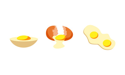 Egg sets in various forms raw, boiled and fried. Organic agricultural products. Ingredients for breakfast