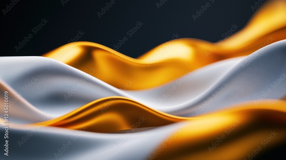 Poster a close-up of flowing satin fabric, showcasing elegant waves of white and gold, creating a luxurious