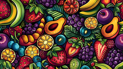 Naklejka premium Vibrant assortment of colorful fruits arranged artistically with a dark background, showcasing freshness