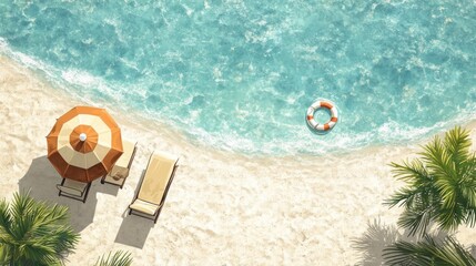 Naklejka premium Tranquil Beach Scene with Lounge Chairs Umbrella and Life Ring