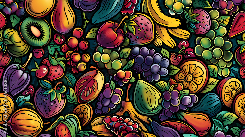 Poster vibrant and colorful fruit pattern with various types of fruits on a dark background