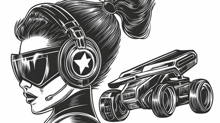 Woman with VR Headset and Futuristic Car Illustration in Monochrome Style with Star Detail