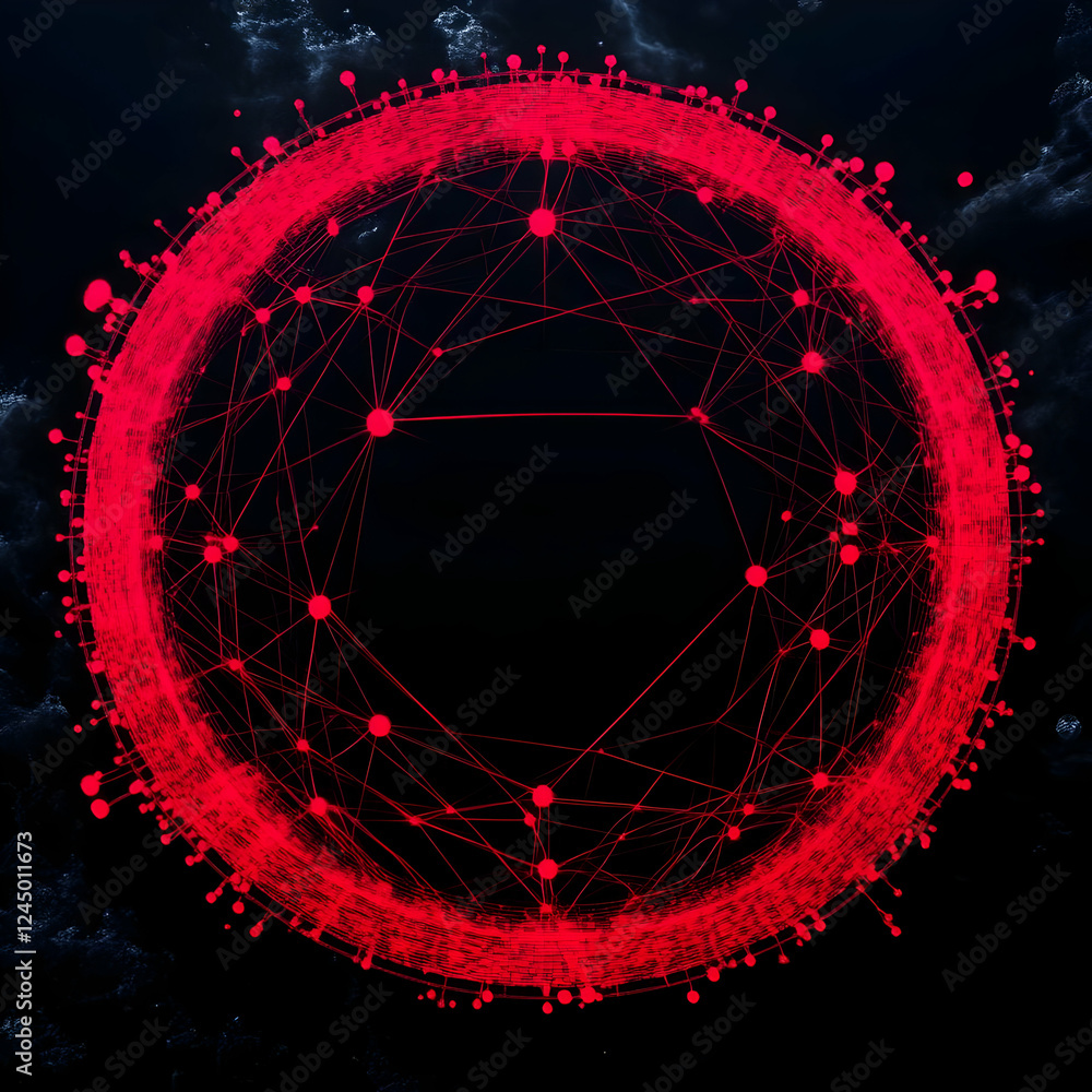 Poster red circular network illustrates connections and nodes in an abstract background with a futuristic v