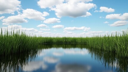 Fototapeta premium Serene natural water treatment pond surrounded by lush plants