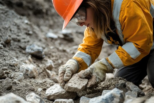 Woman Geologist Examining Rocks in a Quarry