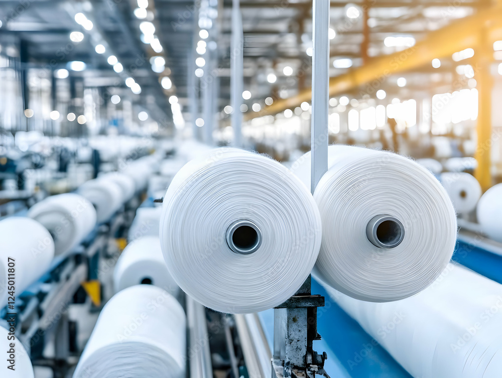 Poster large spools of white thread are processed in a textile factory to create fabric efficiently