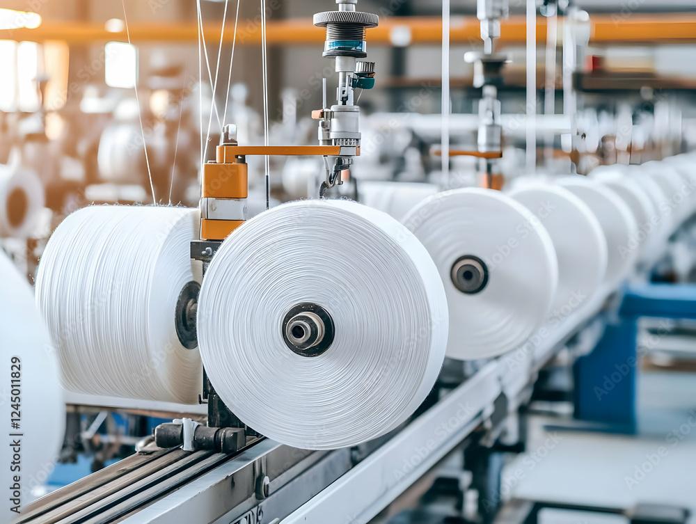 Poster industrial textile machinery processes white thread spools in factory production line efficiently an