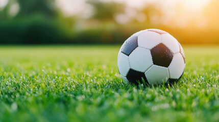 low angle close up shot of football resting on green grass, glistening with dew in morning light, evokes sense of anticipation for game ahead