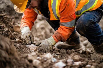 Construction Worker Examining Soil Samples Carefully