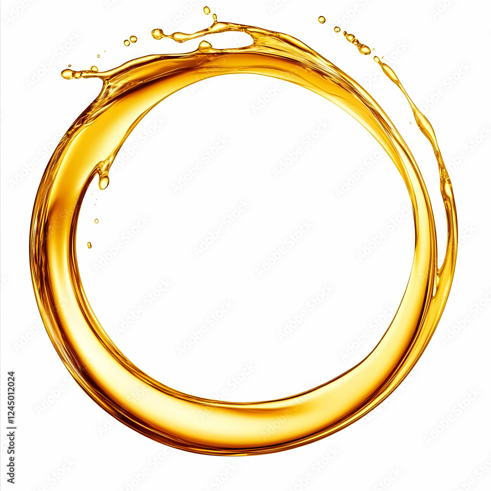 Poster golden liquid splash forms a perfect circle on a white background dynamically