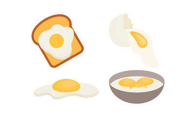 Egg sets in various forms raw, boiled and fried. Organic agricultural products. Ingredients for breakfast