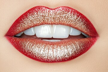Obraz premium Close Up Red And Gold Glitter Lips With White Teeth