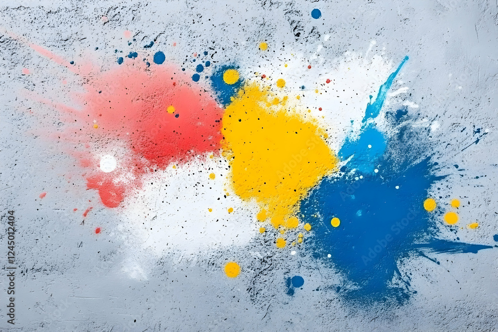 Poster abstract background with colorful paint splatters and dots on textured surface dynamically
