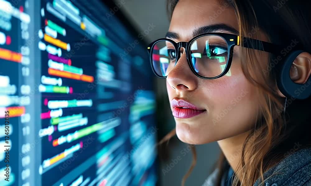 Poster focused programmer woman coding late night