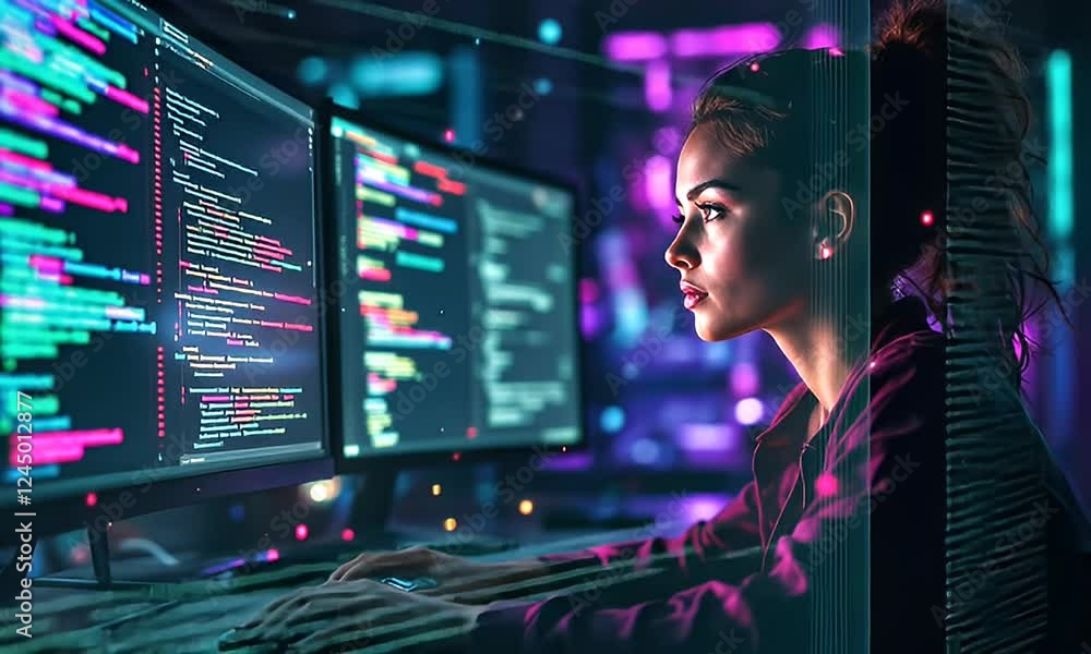 Poster focused female programmer coding late at night