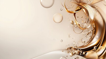 A soft, elegant abstract design featuring flowing golden shapes and bubbles against a neutral background, evoking luxury and sophistication.