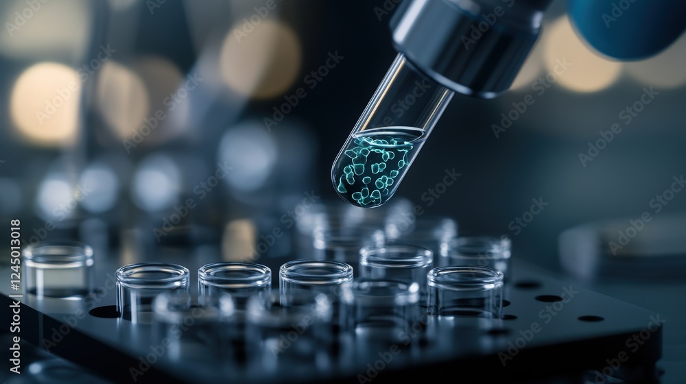Poster laboratory pipette dispensing liquid with scientific background bokeh