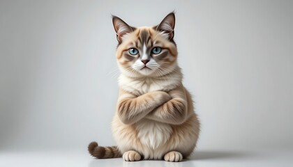 A grumpy cat sitting with crossed arms, giving a not impressed look. isolated on white background
