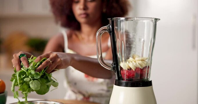 Blender, health and hands of woman with fruits in morning breakfast for diet nutrition, detox or vitamins. Juice, strawberry or drinks preparation for vegan shake, lunch or smoothie in house kitchen