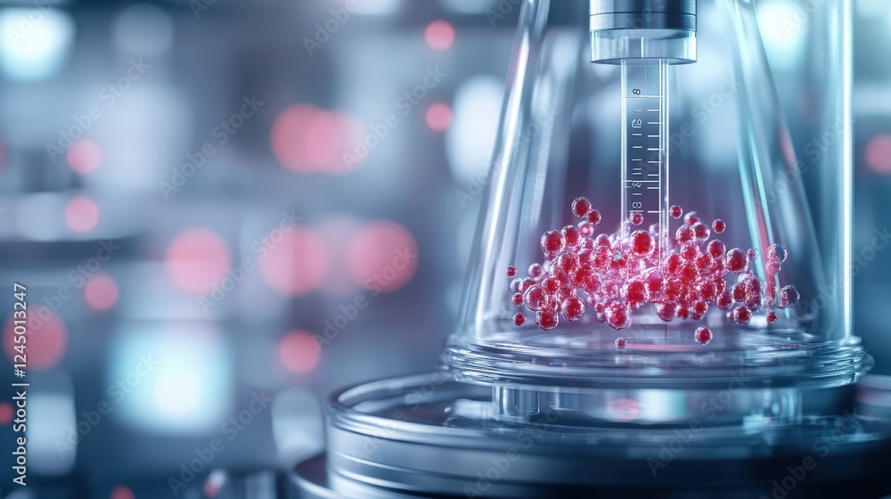 Poster Laboratory Experiment With Red Particles in Glass Flask and Syringe
