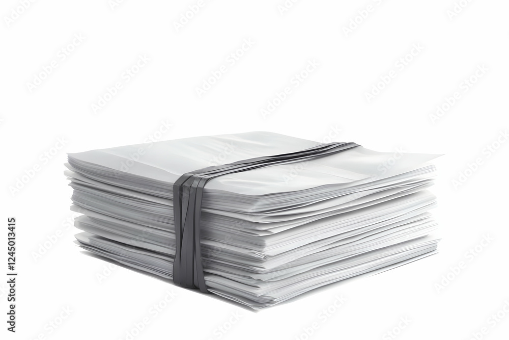 Poster stack of papers securely bound with a gray strap on white background