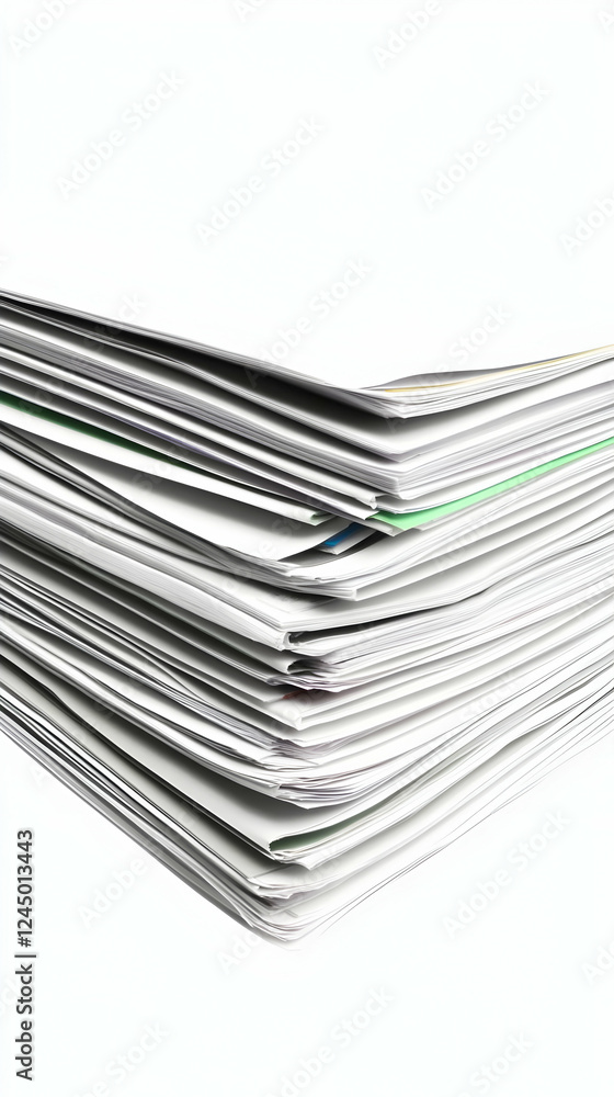 Poster stack of papers sits neatly organized on a white background, ready for review and processing.