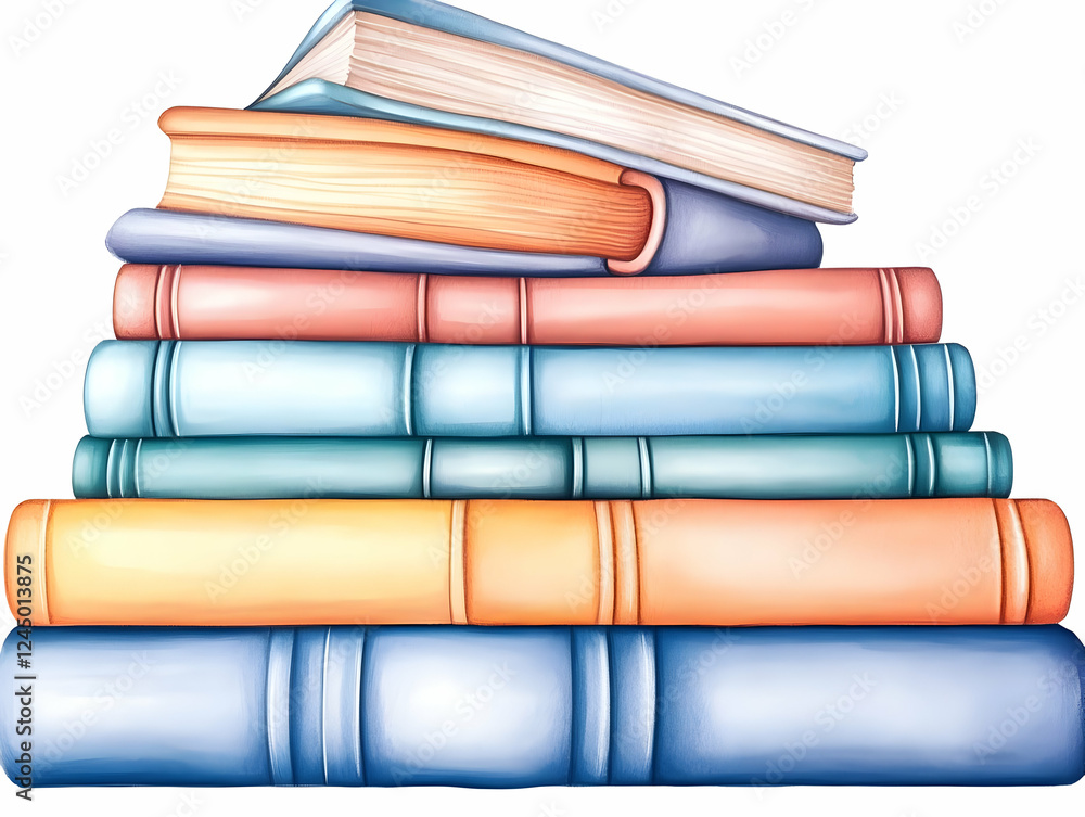 Poster stack of colorful books forms a tower of knowledge, ready for reading and learning