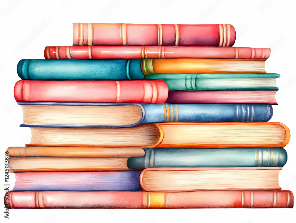 Poster stack of colorful books forms a towering structure, an illustration of literature and knowledge.