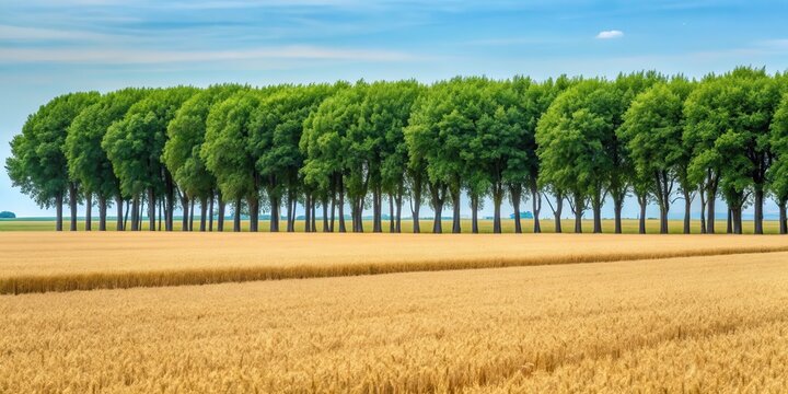 Dense rows of trees in a wheat field, forming a natural windbreak and boundary for agricultural land , wind break, agricultural boundary