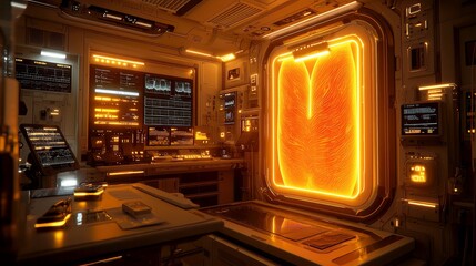 Futuristic Tech Room: Neon Orange Glow, Advanced Digital Interface, Cyberpunk Sci-Fi Laboratory