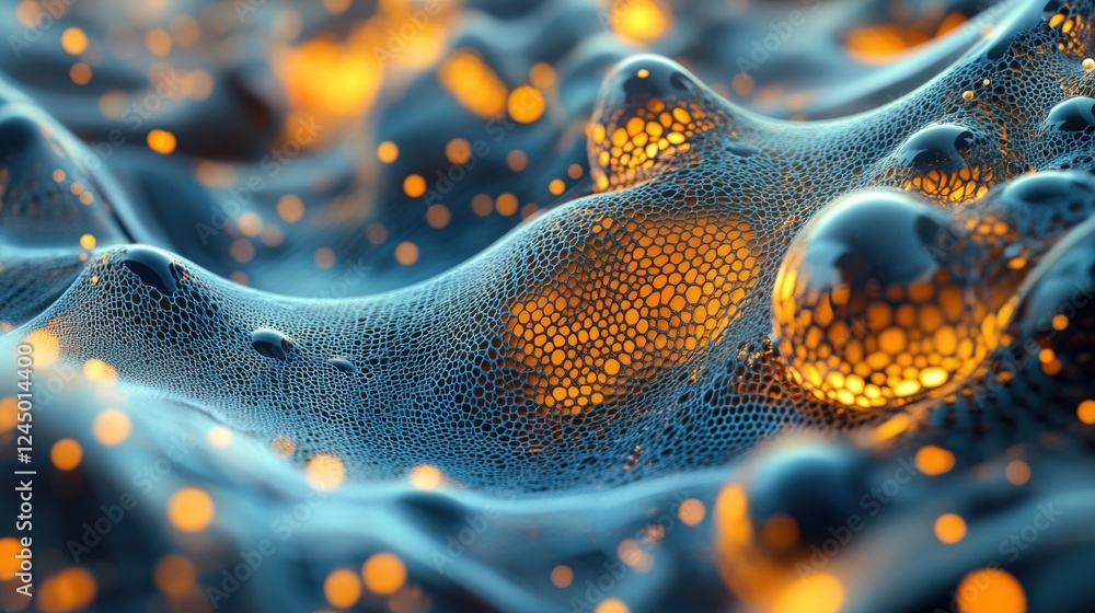 Poster abstract waves of colorful bubbles and glowing particles in motion