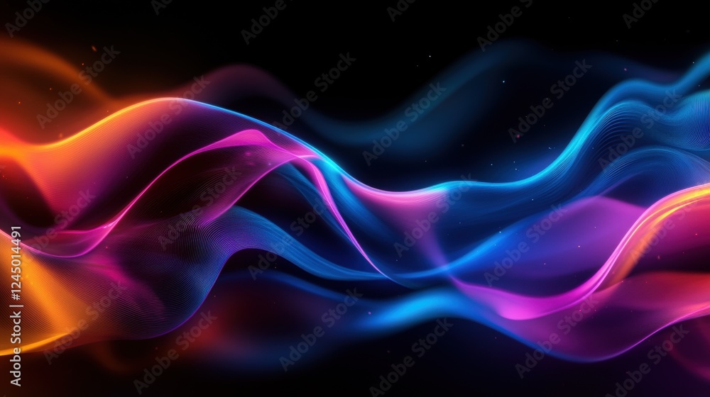 Poster a vibrant, abstract image featuring flowing waves of colorful light on a dark background, creating a