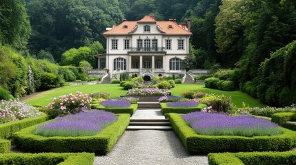 Ornamental flower beds with roses and lavender in a formal French-style garden, with a beautiful home as the backdrop.
