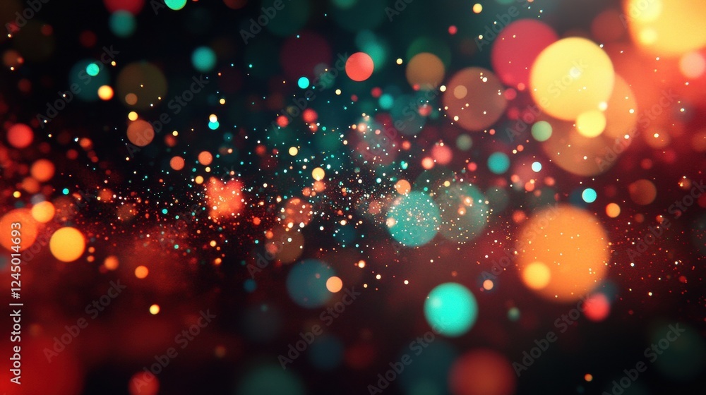 Poster a vibrant abstract background filled with colorful bokeh lights and sparkling particles, creating a 