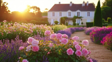 Fototapeta premium Ornamental flower beds with roses and lavender in a formal French-style garden, with a beautiful home as the backdrop.